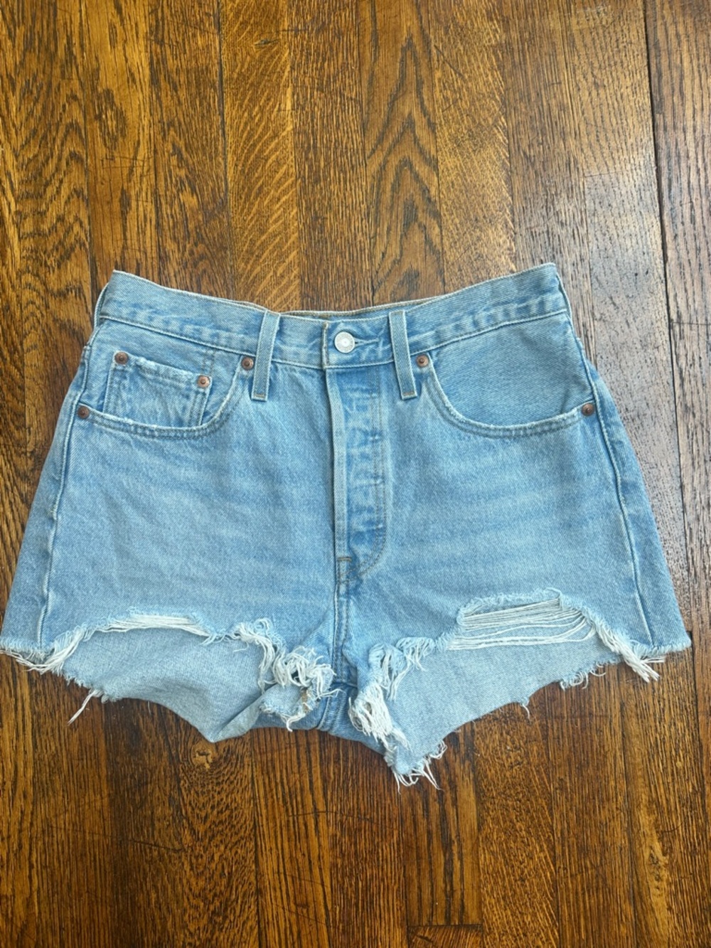 Levi's Light Blue Distressed High-Rise Denim Shorts